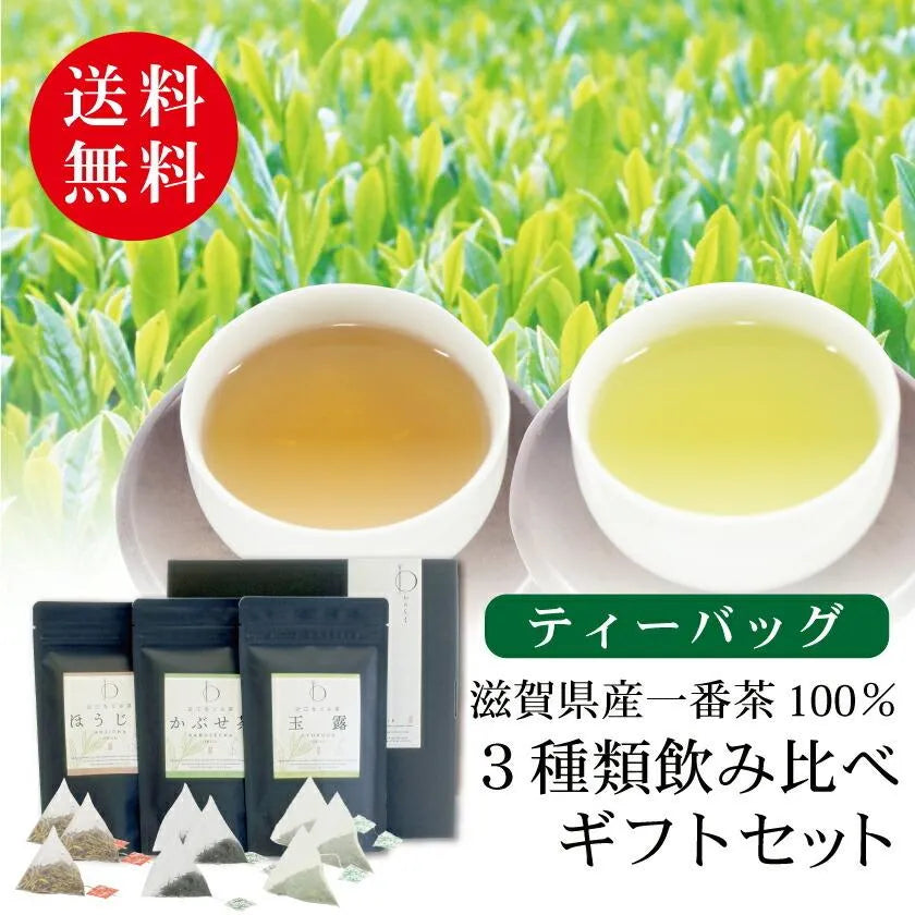 【送料無料】近江なごみ茶 ティーバッグ 飲み比べセット かぶせ茶 ほうじ茶 玉露の3種（BOX2）